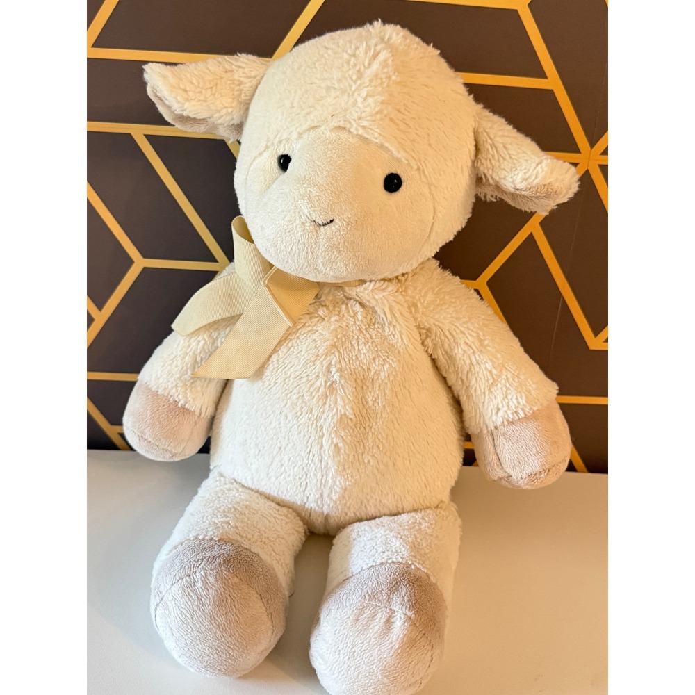Pottery Barn Kids Plush Lamb Stuffed Animal Cream Tan Bow 15 inch Nursery Toy
